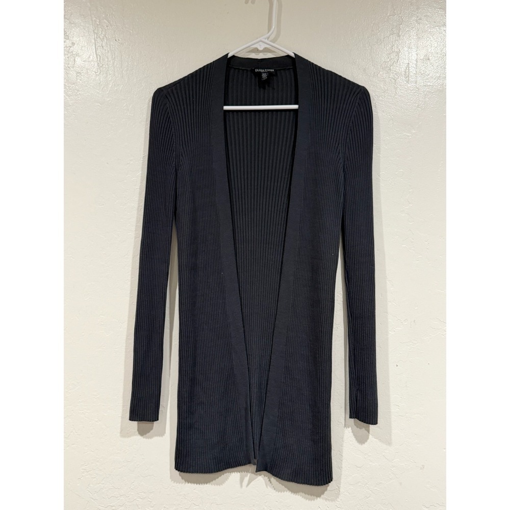 Eileen Fisher Petite Ribbed Cardigan Sweater Gray Open Front PP/PTP - Picture 2 of 7